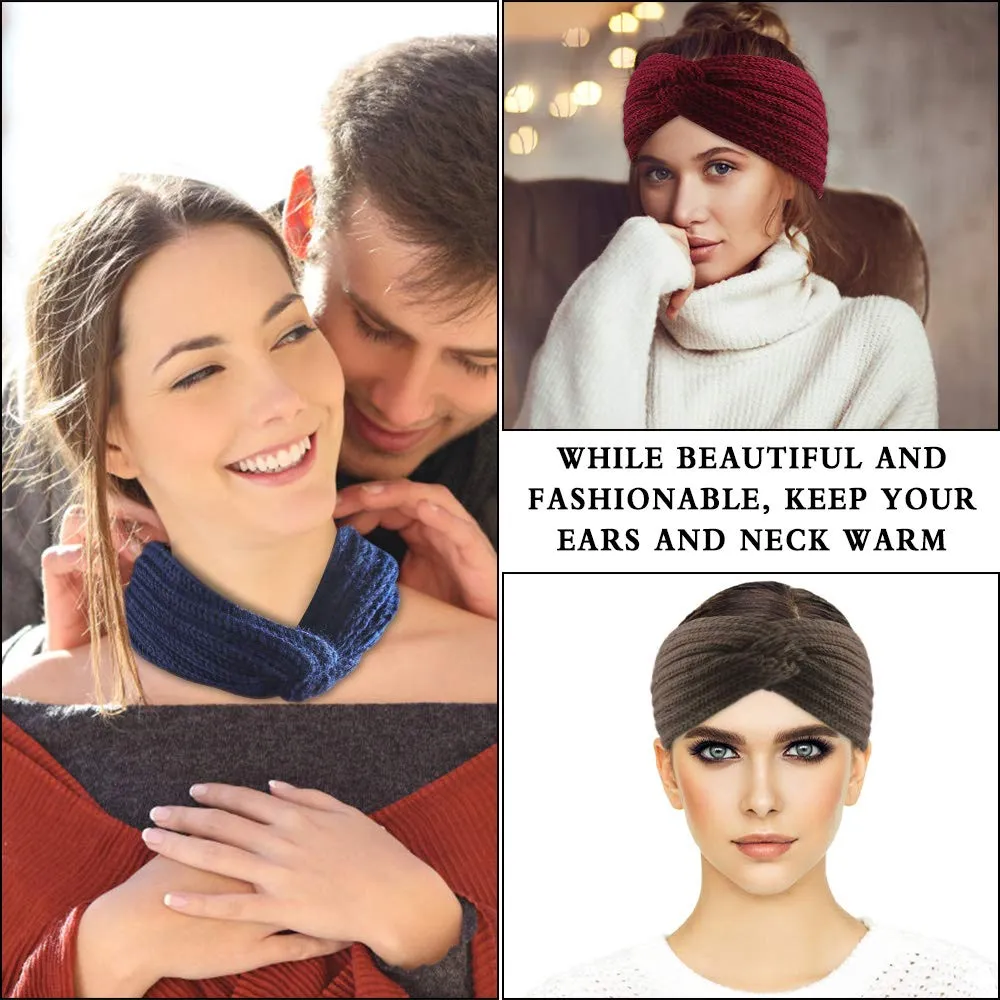 6PCS Knitted Headband Winter Crocheted Head Wrap Headband Thermal Knit Twist Knot Headband Wool Braided Headband Hair Accessories for Women Girls