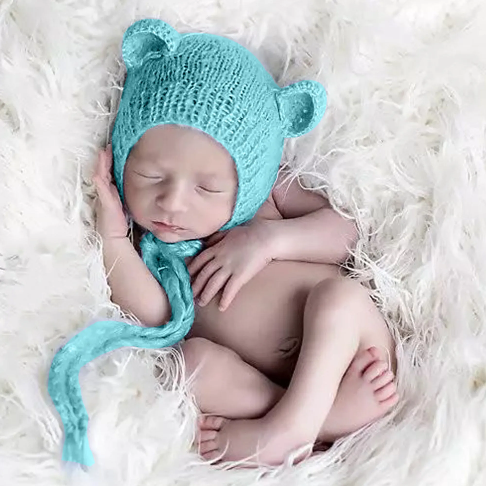 Babymoon Knitted Mohair Baby Hat Cap | Baby Photoshoot Props | 0-3 Months | Light Blue