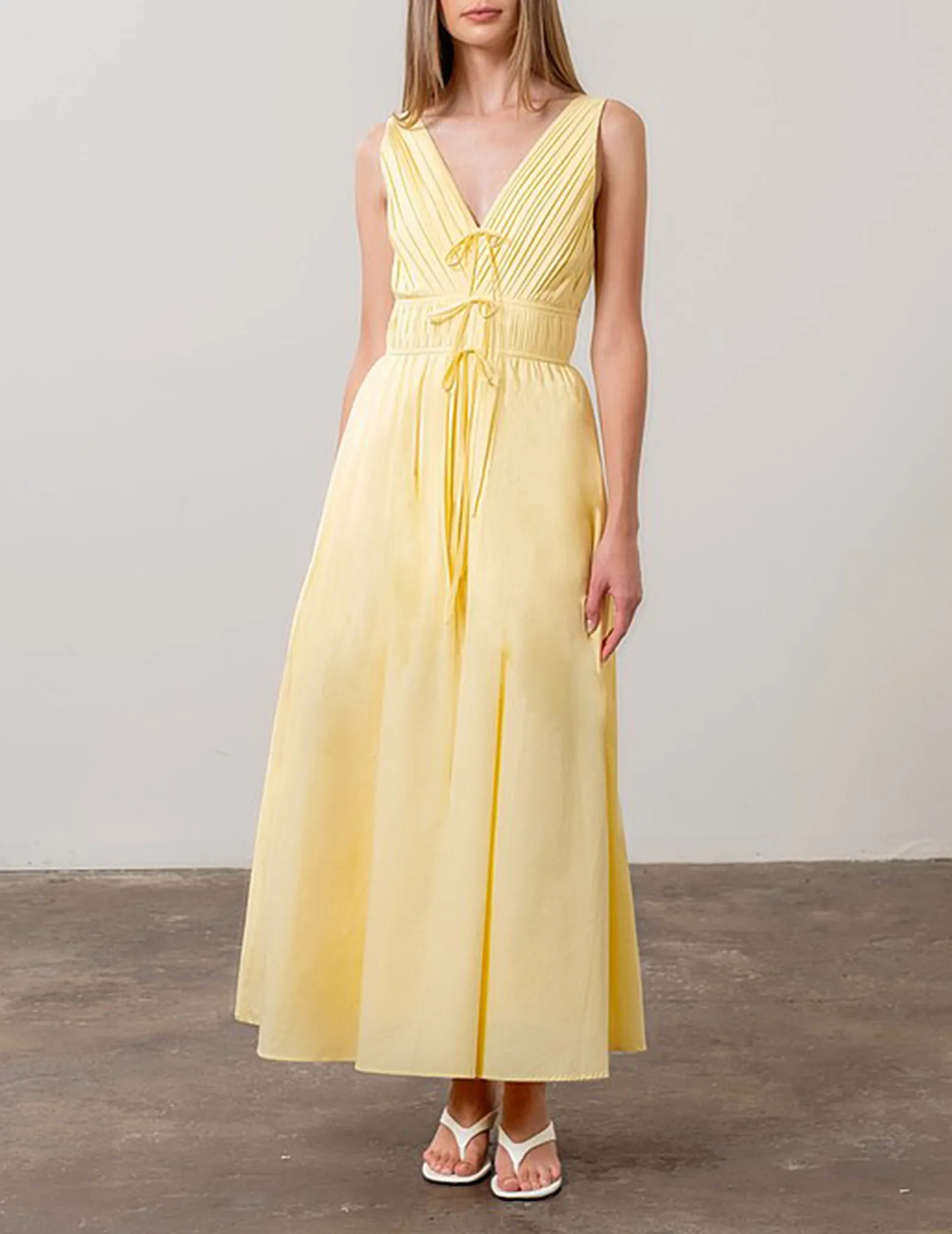 Delphine Yellow Pleated V-Neck Dress