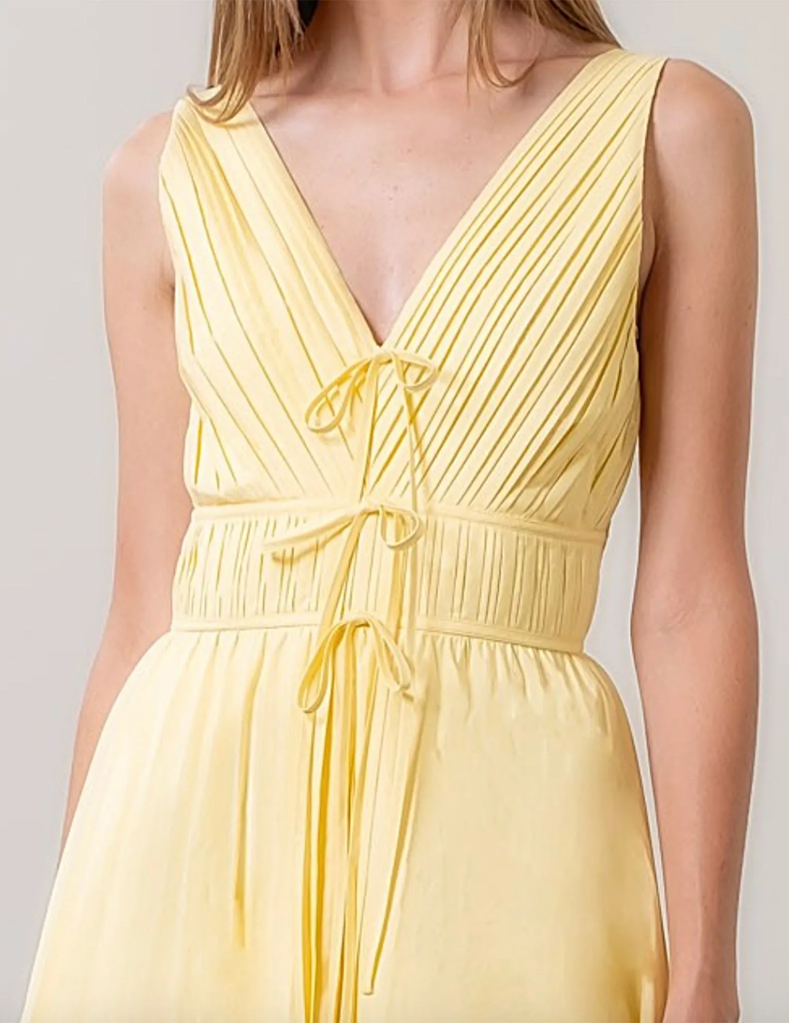 Delphine Yellow Pleated V-Neck Dress