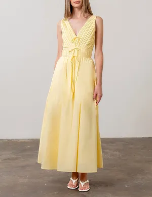 Delphine Yellow Pleated V-Neck Dress