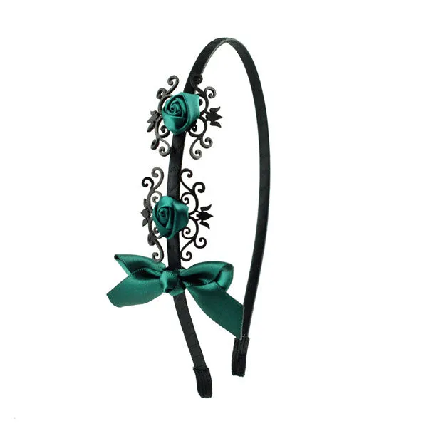 Green Satin Roses &  Bow w/ Black Leatherette Pattern Hairband