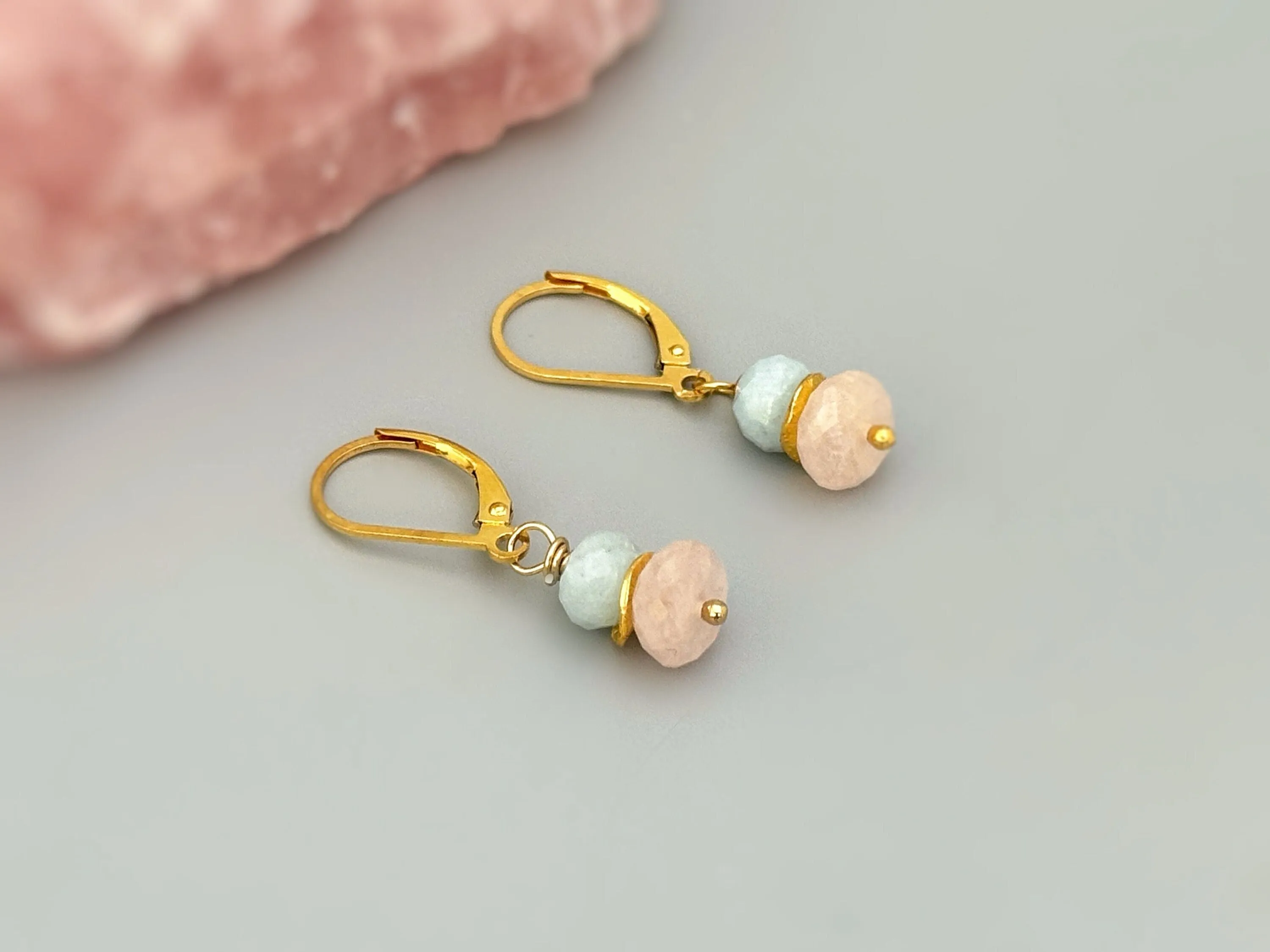 Pink Morganite and Blue Aquamarine Earrings dangle drop rose gold, silver, gold