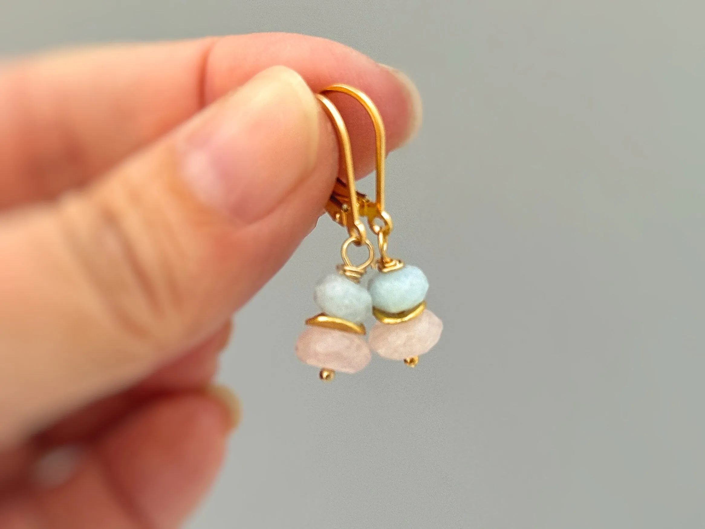 Pink Morganite and Blue Aquamarine Earrings dangle drop rose gold, silver, gold