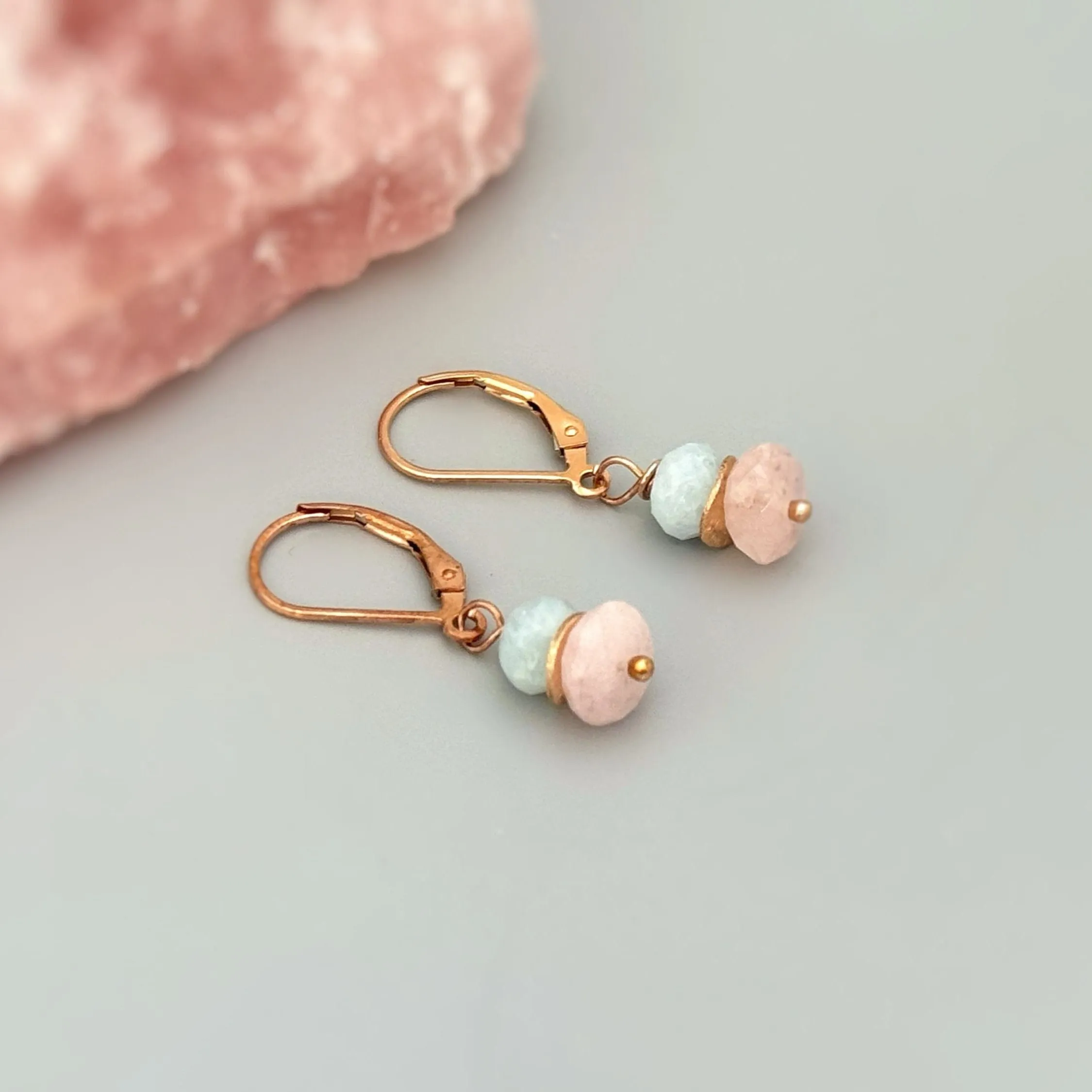 Pink Morganite and Blue Aquamarine Earrings dangle drop rose gold, silver, gold