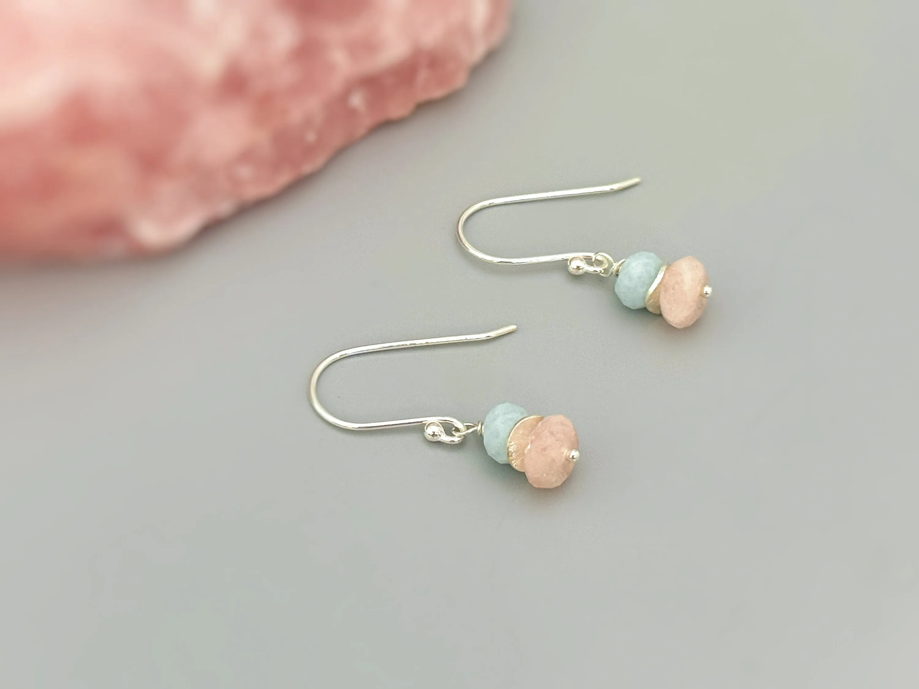 Pink Morganite and Blue Aquamarine Earrings dangle drop rose gold, silver, gold