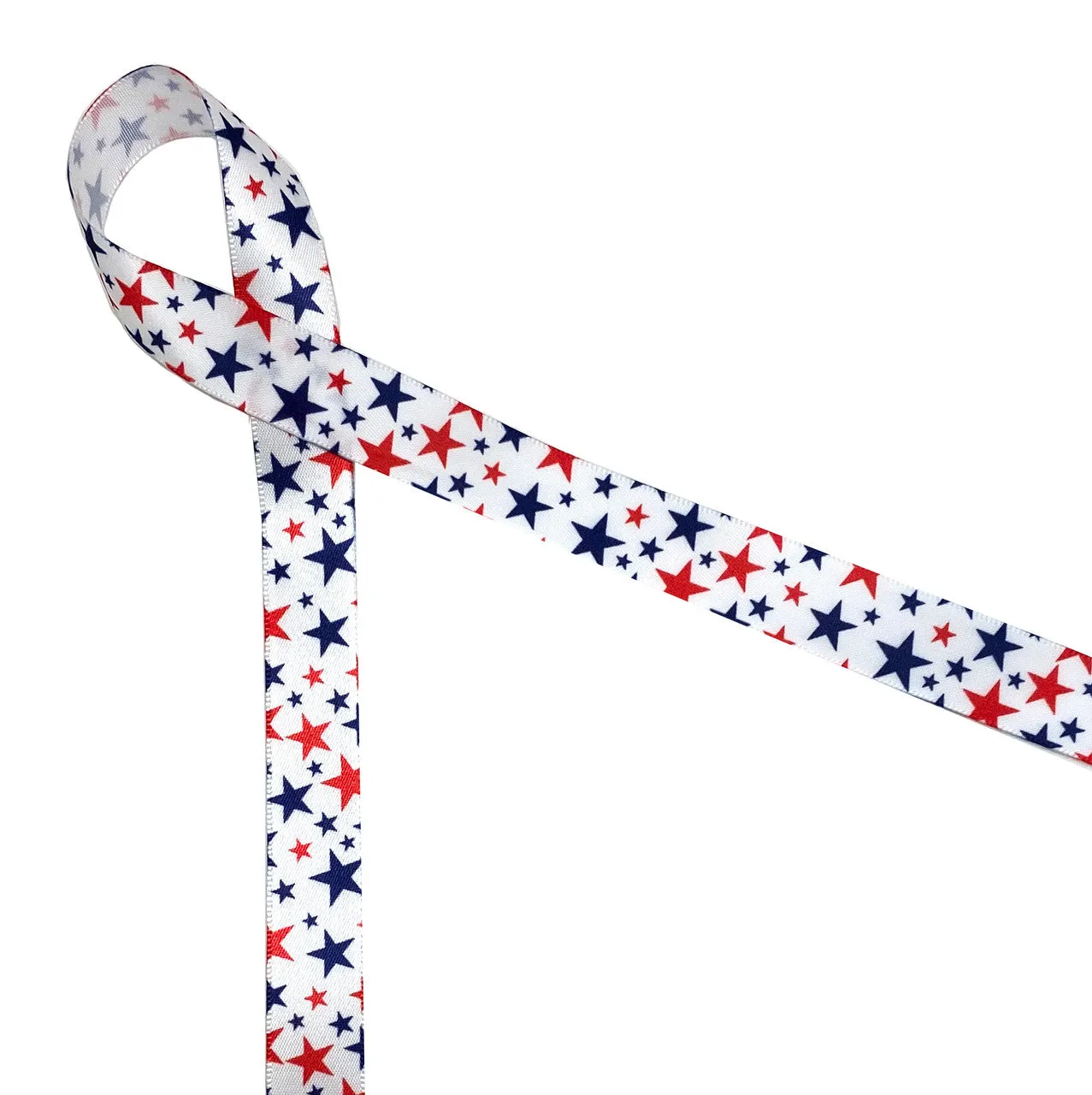 Stars Ribbon in Red and Navy Blue on 5/8"and 7/8" white single face satin