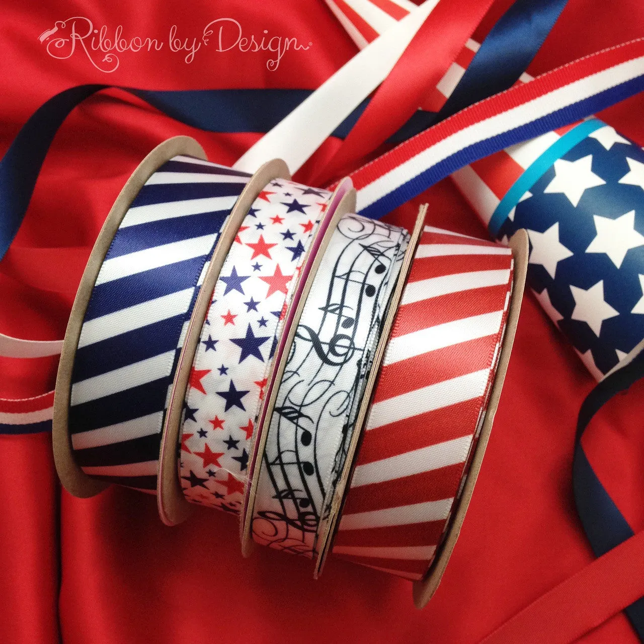 Stars Ribbon in Red and Navy Blue on 5/8"and 7/8" white single face satin