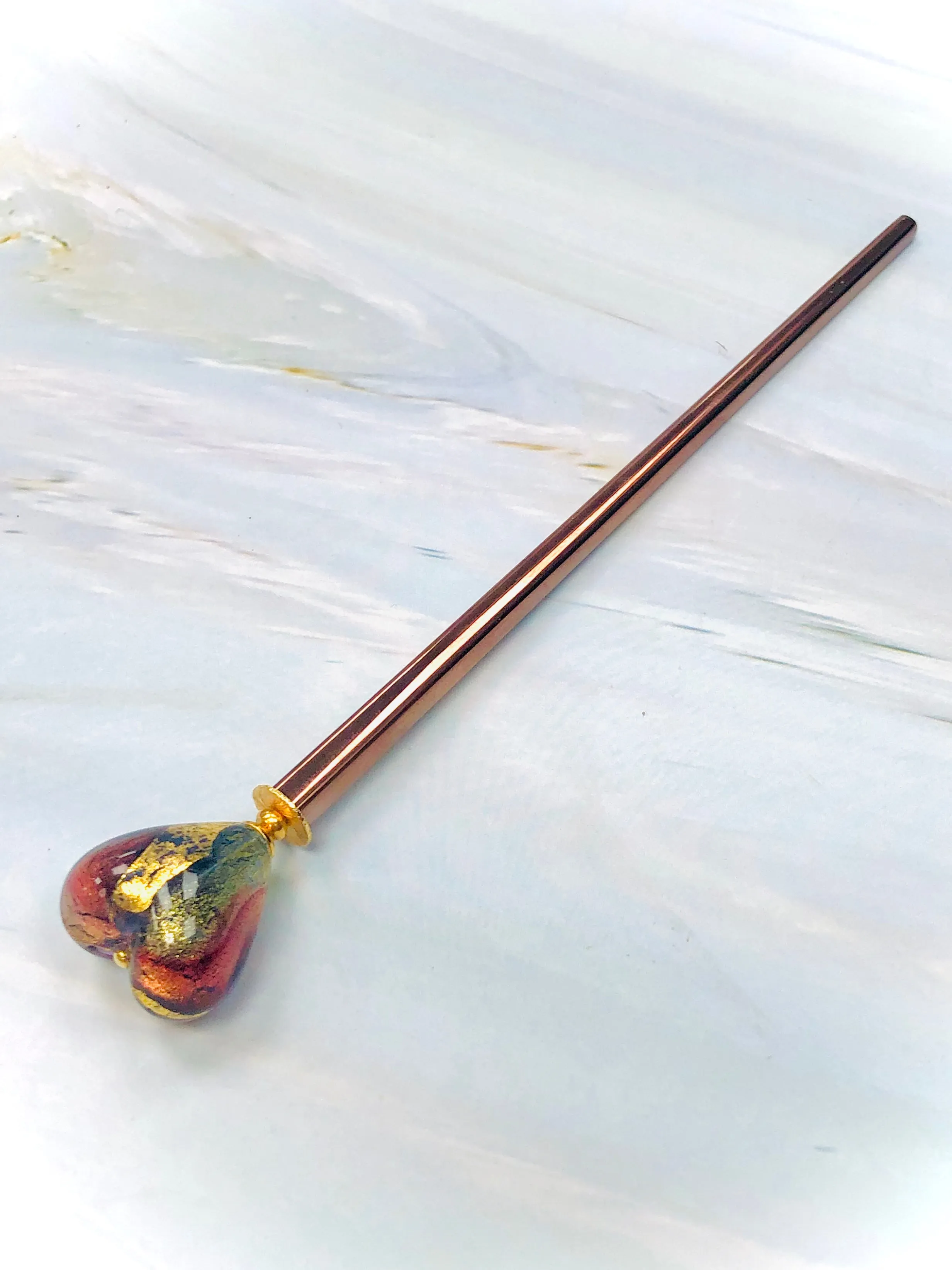 Venetian Art Glass Heart hair stick, hand made hair stick, shawl pin
